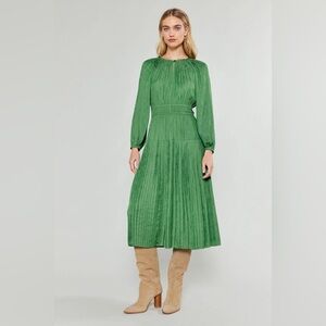 NWT Current Air Pleated Skirt Green Jacquard Boho Romantic Midi Dress Size XS